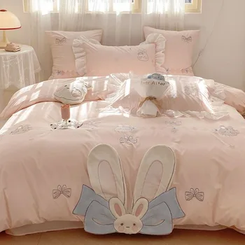 100% Bavlna Ružový Zajačik posteľná bielizeň Nastaviť Jemnú Pokožku-Priateľské Kreslené Dvojité Perinu Bielizeň, Prikrývka Pre 2 Miestne Kráľ, Kráľovná Veľkosť 4pcs
