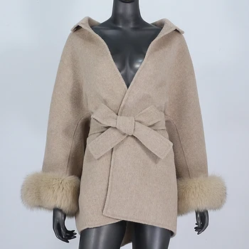 2022 Nové Reálne Kožušiny Kabát Zimná Bunda Ženy Prírodné Fox Kožušiny Manžety, Pás Cashmere Vlny, Vlnené Voľné Dámske Vrchné Oblečenie Streetwear