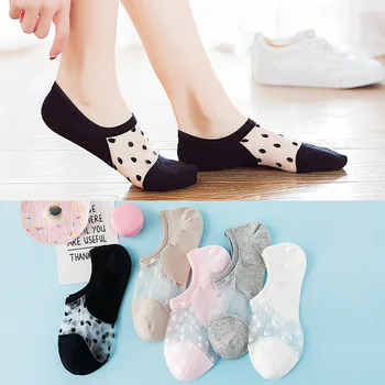 3 Páry Ženy Lete Bavlna Transparentné Ponožky Čipky Oka, No Show Ponožky Non-slip Silicone Čierna Biela Žena Tenké Neviditeľné Ponožky