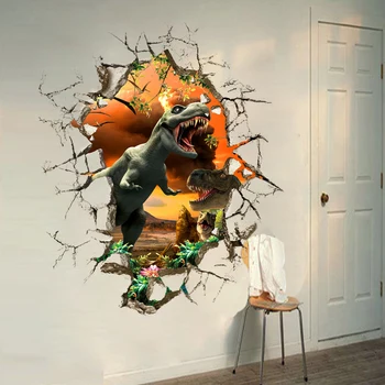 3D porušenú stenu Jurský cartoon dinosaura samolepky na stenu detskej izby dekorácie, nástenné art DIY obtlačky plagát dvere nálepky