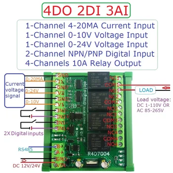 4DO 2DI 3AI RS485 Modbus RTU Multifunkčné Relé Modul PLC IO Rozširuje Rady 4-20MA 0-10V Prúd Napätie Kolektora
