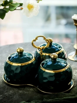 Cahaya mewah emerald keramik tangki penyimpanan bumbu dapur jar rumah tangga kotak bumbu botol minyak garam