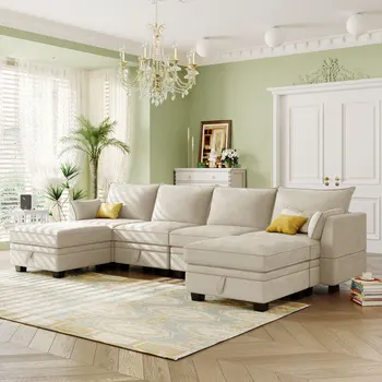 Moderné Veľké Tvar U Modulárny Sectional Sofa, Kabriolet rozkladacia Pohovka s Reverzibilné Lehátko pre Obývacia Izba, Skladovanie Sedadla