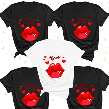 Módne Oblečenie Červené Srdce Pery Dizajn Tím Nevesta Letné Tee Oblečenie Krátky Rukáv T Shirt Ženy T-shirt Bachelorette Party Topy
