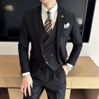 Nový (Sako+ Vesta + Nohavice) pánskej Módy Business Gentleman kórejská Verzia Britský Štýl Bežné Svadobný Oblek 3-dielna Sada