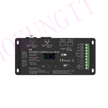 OLED 5CH*6A 12-24VDC CV DMX Decoder D5 5-kanál DMX512 a RDM dekodér/master, XLR3, RJ45, zelená terminálové rozhranie