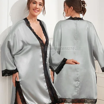 Plus Veľkosť 3XL-5XL Sleepwear Župan Pohľadu Kimono Šaty Hlboké V-Neck Nightgown Ženy Saténová Čipka Odev Strane Split Plavky