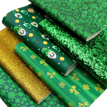 Robustný Lesk Faux Kožené Textílie Nastaviť Four Leaf Clover Vytlačené Syntetické Kožené dosky na St Patricks Day Šitie Materiálov