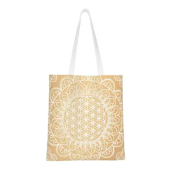 Vlastné Zlatý Kvet Života Mandala Nakupovanie Plátno Taška Ženy Opakovane Potraviny Posvätná Geometria Shopper Tote Tašky