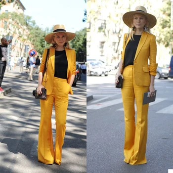Žltá Bielizeň na Voľný čas Ženy Nohavice Obleky Street Style Oblečenie Večierok Matka Nevesty Svadobné Formálne oblečenie 2 ks